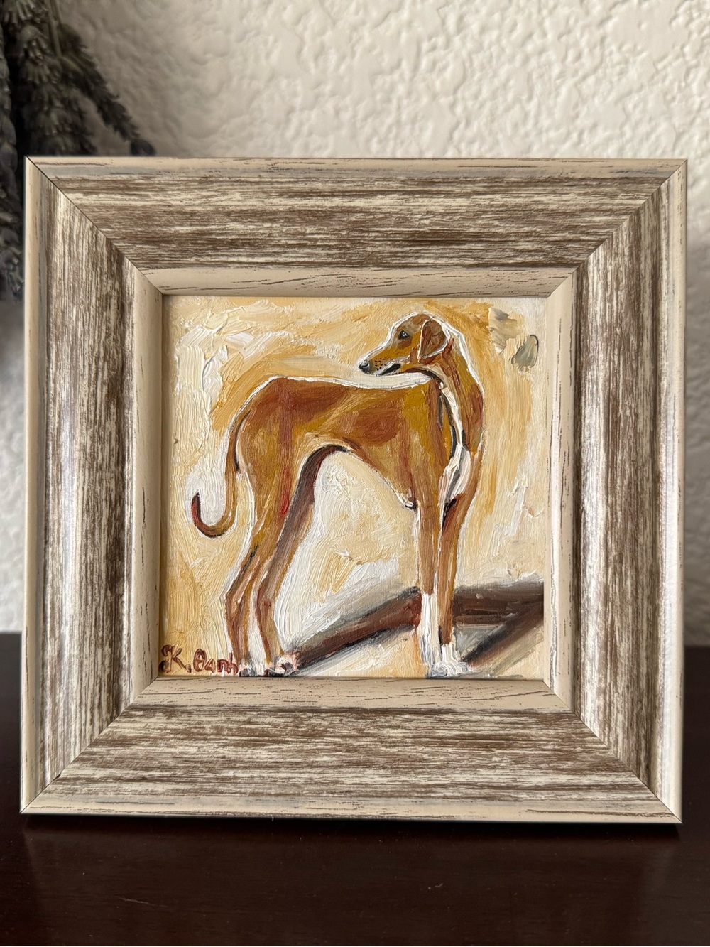 Original oil painting greyhound Azawakh dog signed framed 4x4 inches